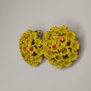 Clip On Vintage Yellow  Floral Earrings with Few Orange Rhinestones